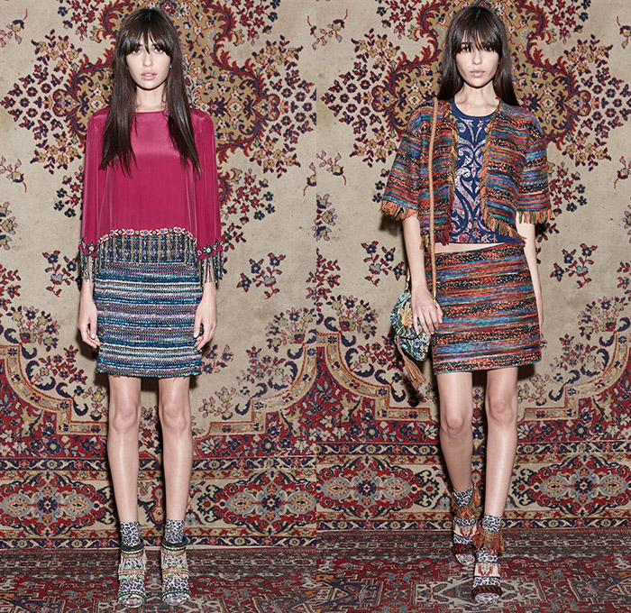 Nicole Miller 2015 Pre Fall Autumn Womens Lookbook Presentation - Carpet Tapestry Prints Boho Flare Flowers Stripes Fringes Knit Ornamental Maxi Dress Bohemian Ornamental Print Decorative Art 1970s Seventies Rock Hippie Bohemian Florals Botanical Graphic Pattern Noodle Spaghetti Strap Skinny Slim Leggings Leopard Leather Mesh Outerwear Coat Metallic Sweater Jumper Pencil Skirt Sleeveless Tunic