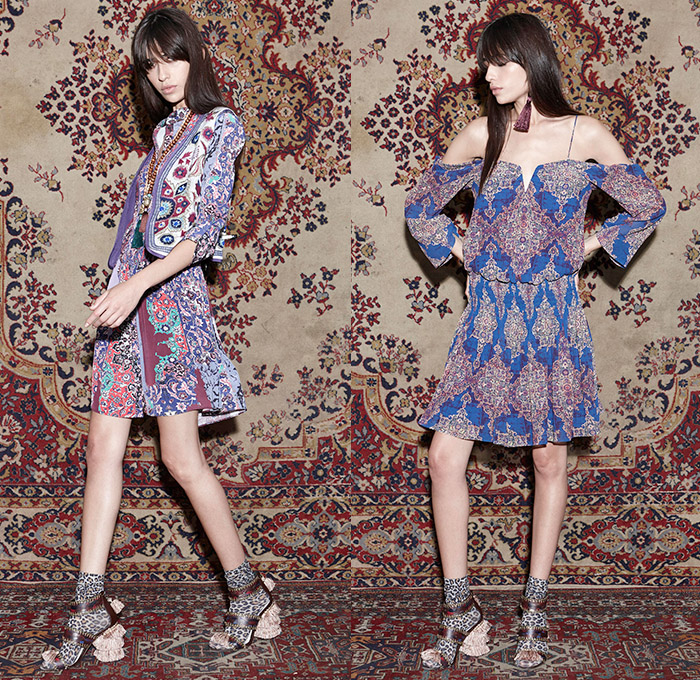 Nicole Miller 2015 Pre Fall Autumn Womens Lookbook Presentation - Carpet Tapestry Prints Boho Flare Flowers Stripes Fringes Knit Ornamental Maxi Dress Bohemian Ornamental Print Decorative Art 1970s Seventies Rock Hippie Bohemian Florals Botanical Graphic Pattern Noodle Spaghetti Strap Skinny Slim Leggings Leopard Leather Mesh Outerwear Coat Metallic Sweater Jumper Pencil Skirt Sleeveless Tunic