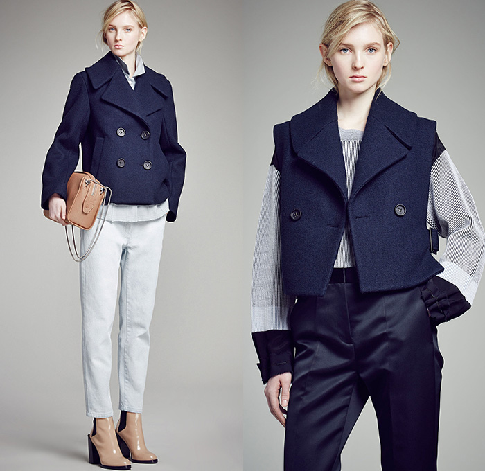 3.1 Phillip Lim 2015 Pre Fall Autumn Womens Lookbook Presentation - Faded Denim Jeans Peacoat Poncho Bomber Jacket Frayed Fringes Checks Waves Ruffles Sweater Jumper Multi-Panel Lace Pants Trousers Outerwear Trench Coat Cloak Cape Lace Up Stripes Parka Hoodie Shorts Flowers Florals Flat Front Stars Dress Asymmetrical Handkerchief Hem Turtleneck