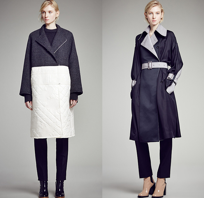 3.1 Phillip Lim 2015 Pre Fall Autumn Womens Lookbook Presentation - Faded Denim Jeans Peacoat Poncho Bomber Jacket Frayed Fringes Checks Waves Ruffles Sweater Jumper Multi-Panel Lace Pants Trousers Outerwear Trench Coat Cloak Cape Lace Up Stripes Parka Hoodie Shorts Flowers Florals Flat Front Stars Dress Asymmetrical Handkerchief Hem Turtleneck