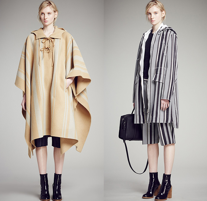 3.1 Phillip Lim 2015 Pre Fall Autumn Womens Lookbook Presentation - Faded Denim Jeans Peacoat Poncho Bomber Jacket Frayed Fringes Checks Waves Ruffles Sweater Jumper Multi-Panel Lace Pants Trousers Outerwear Trench Coat Cloak Cape Lace Up Stripes Parka Hoodie Shorts Flowers Florals Flat Front Stars Dress Asymmetrical Handkerchief Hem Turtleneck