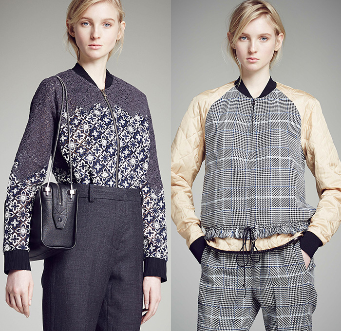 3.1 Phillip Lim 2015 Pre Fall Autumn Womens Lookbook Presentation - Faded Denim Jeans Peacoat Poncho Bomber Jacket Frayed Fringes Checks Waves Ruffles Sweater Jumper Multi-Panel Lace Pants Trousers Outerwear Trench Coat Cloak Cape Lace Up Stripes Parka Hoodie Shorts Flowers Florals Flat Front Stars Dress Asymmetrical Handkerchief Hem Turtleneck