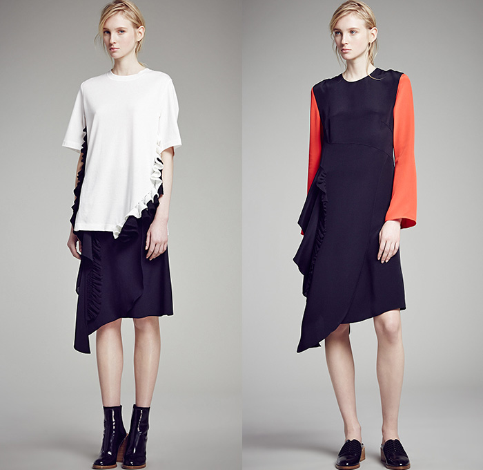 3.1 Phillip Lim 2015 Pre Fall Autumn Womens Lookbook Presentation - Faded Denim Jeans Peacoat Poncho Bomber Jacket Frayed Fringes Checks Waves Ruffles Sweater Jumper Multi-Panel Lace Pants Trousers Outerwear Trench Coat Cloak Cape Lace Up Stripes Parka Hoodie Shorts Flowers Florals Flat Front Stars Dress Asymmetrical Handkerchief Hem Turtleneck