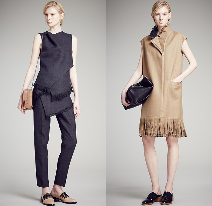 3.1 Phillip Lim 2015 Pre Fall Autumn Womens Lookbook Presentation - Faded Denim Jeans Peacoat Poncho Bomber Jacket Frayed Fringes Checks Waves Ruffles Sweater Jumper Multi-Panel Lace Pants Trousers Outerwear Trench Coat Cloak Cape Lace Up Stripes Parka Hoodie Shorts Flowers Florals Flat Front Stars Dress Asymmetrical Handkerchief Hem Turtleneck