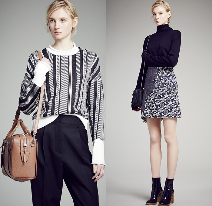 3.1 Phillip Lim 2015 Pre Fall Autumn Womens Lookbook Presentation - Faded Denim Jeans Peacoat Poncho Bomber Jacket Frayed Fringes Checks Waves Ruffles Sweater Jumper Multi-Panel Lace Pants Trousers Outerwear Trench Coat Cloak Cape Lace Up Stripes Parka Hoodie Shorts Flowers Florals Flat Front Stars Dress Asymmetrical Handkerchief Hem Turtleneck