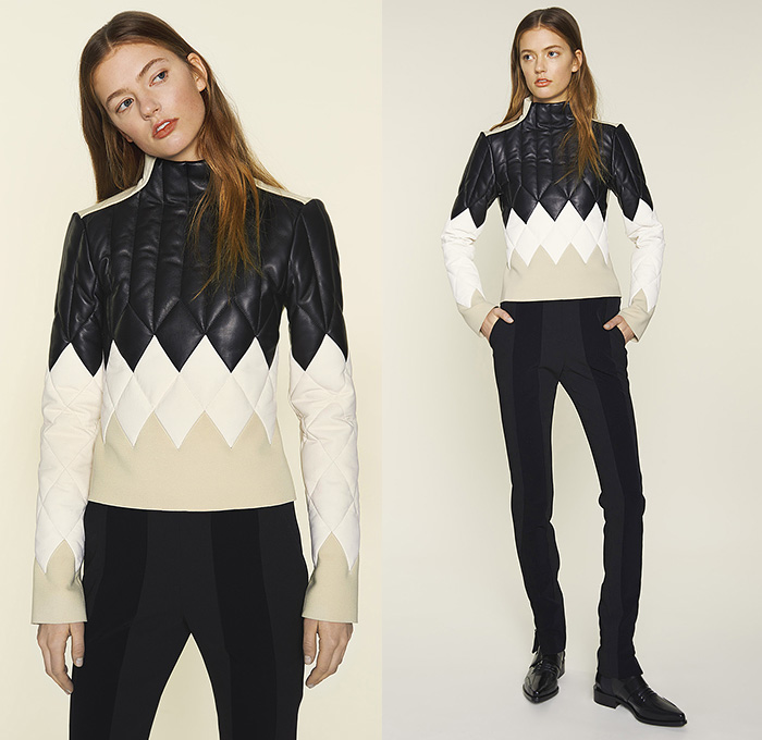 Paco Rabanne 2015 Pre Fall Autumn Womens Lookbook Presentation - Athletic Sporty Quilted Leather Accordion Pleats Dress Grommets Stripes Turtleneck Zigzag Houndstooth Slim Tapered Pants Trousers Diamonds Zipper Blouse Skirt Frock Handkerchief Hem Sequins Sheer Chiffon Miniskirt Outerwear Coat Cords Corduroy