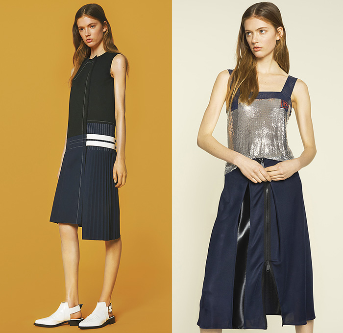 Paco Rabanne 2015 Pre Fall Autumn Womens Lookbook Presentation - Athletic Sporty Quilted Leather Accordion Pleats Dress Grommets Stripes Turtleneck Zigzag Houndstooth Slim Tapered Pants Trousers Diamonds Zipper Blouse Skirt Frock Handkerchief Hem Sequins Sheer Chiffon Miniskirt Outerwear Coat Cords Corduroy