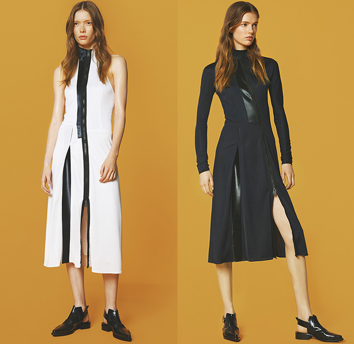 Paco Rabanne 2015 Pre Fall Autumn Womens Lookbook Presentation - Athletic Sporty Quilted Leather Accordion Pleats Dress Grommets Stripes Turtleneck Zigzag Houndstooth Slim Tapered Pants Trousers Diamonds Zipper Blouse Skirt Frock Handkerchief Hem Sequins Sheer Chiffon Miniskirt Outerwear Coat Cords Corduroy