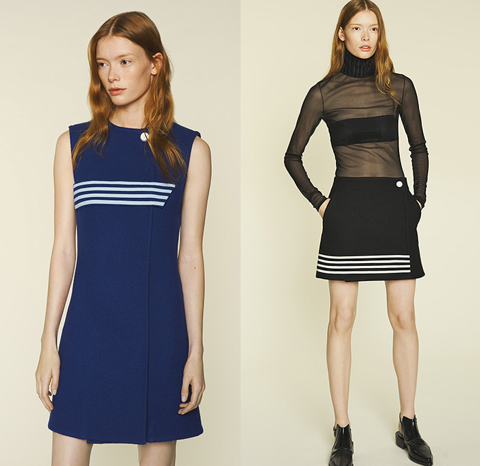 Paco Rabanne 2015 Pre Fall Autumn Womens Lookbook Presentation - Athletic Sporty Quilted Leather Accordion Pleats Dress Grommets Stripes Turtleneck Zigzag Houndstooth Slim Tapered Pants Trousers Diamonds Zipper Blouse Skirt Frock Handkerchief Hem Sequins Sheer Chiffon Miniskirt Outerwear Coat Cords Corduroy