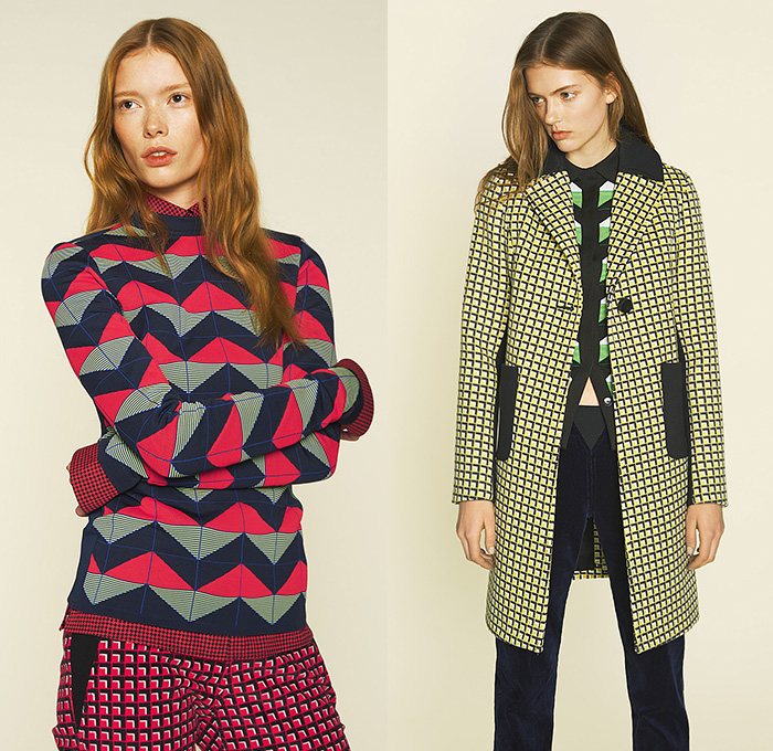 Paco Rabanne 2015 Pre Fall Autumn Womens Lookbook Presentation - Athletic Sporty Quilted Leather Accordion Pleats Dress Grommets Stripes Turtleneck Zigzag Houndstooth Slim Tapered Pants Trousers Diamonds Zipper Blouse Skirt Frock Handkerchief Hem Sequins Sheer Chiffon Miniskirt Outerwear Coat Cords Corduroy