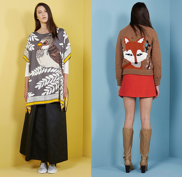 Paul + Joe 2015 Pre Fall Autumn Womens Lookbook Presentation - Maxi Coatdress Flowers Florals Botanical Palm Fauna Leaves Foliage Bird Fox Pantsuit Wide Leg Culottes Hanging Sleeve Fringes Marrakech Garden Brocade Reversible Sheepskin Skirt Frock Sneakers Miniskirt Sweater Jumper Knit Boots Blouse Cropped Pants Shearling Stripes Denim Jeans Turtleneck Pleats Lace Cutout Shirtdress Romper Onesie