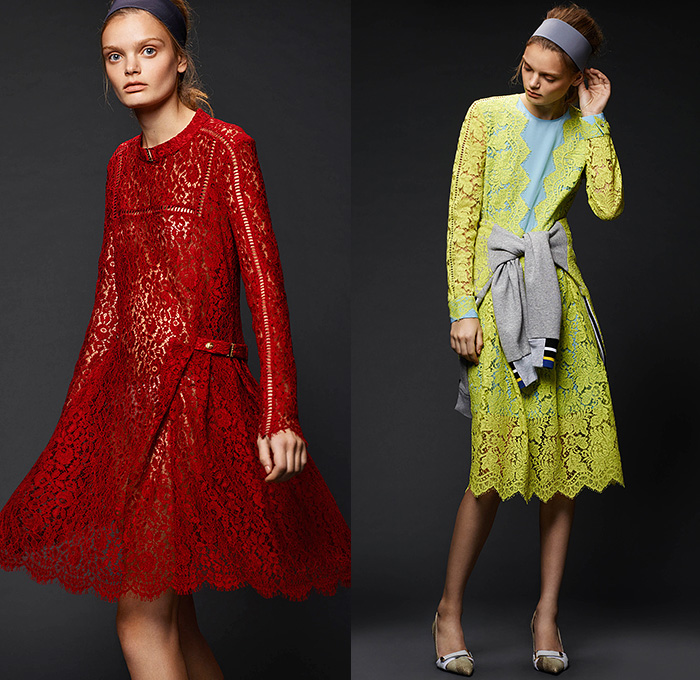 Preen by Thornton Bregazzi 2015 Pre Fall Autumn Womens Lookbook Presentation - Sequins Dress Windowpane Check Lace Shearling Houndstooth Stripes Pantsuit Leather Perforated Sweater Jumper Skirt Frock Miniskirt Long Sleeve Blouse Multi-Panel Outerwear Jacket Banded Strap Shirtdress Silk Pants Trousers Trench Coat Geometric Turtleneck Coatdress Leaves Foliage Botanical Print Graphic Pattern