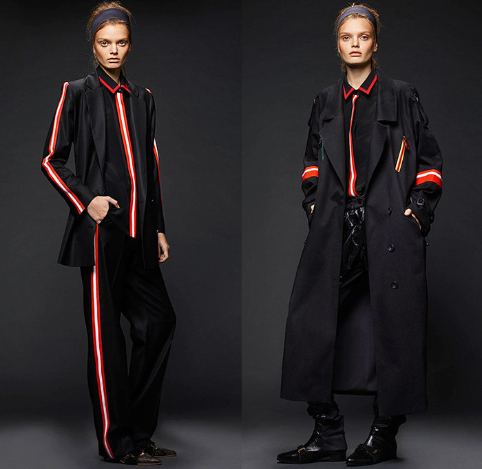 Preen by Thornton Bregazzi 2015 Pre Fall Autumn Womens Lookbook Presentation - Sequins Dress Windowpane Check Lace Shearling Houndstooth Stripes Pantsuit Leather Perforated Sweater Jumper Skirt Frock Miniskirt Long Sleeve Blouse Multi-Panel Outerwear Jacket Banded Strap Shirtdress Silk Pants Trousers Trench Coat Geometric Turtleneck Coatdress Leaves Foliage Botanical Print Graphic Pattern