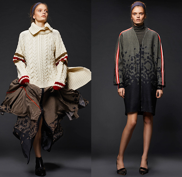 Preen by Thornton Bregazzi 2015 Pre Fall Autumn Womens Lookbook Presentation - Sequins Dress Windowpane Check Lace Shearling Houndstooth Stripes Pantsuit Leather Perforated Sweater Jumper Skirt Frock Miniskirt Long Sleeve Blouse Multi-Panel Outerwear Jacket Banded Strap Shirtdress Silk Pants Trousers Trench Coat Geometric Turtleneck Coatdress Leaves Foliage Botanical Print Graphic Pattern