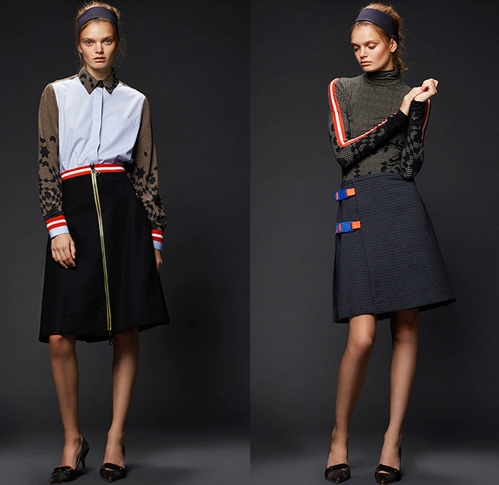 Preen by Thornton Bregazzi 2015 Pre Fall Autumn Womens Lookbook Presentation - Sequins Dress Windowpane Check Lace Shearling Houndstooth Stripes Pantsuit Leather Perforated Sweater Jumper Skirt Frock Miniskirt Long Sleeve Blouse Multi-Panel Outerwear Jacket Banded Strap Shirtdress Silk Pants Trousers Trench Coat Geometric Turtleneck Coatdress Leaves Foliage Botanical Print Graphic Pattern