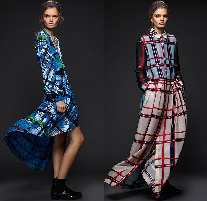 Preen by Thornton Bregazzi 2015 Pre Fall Autumn Womens Lookbook Presentation - Sequins Dress Windowpane Check Lace Shearling Houndstooth Stripes Pantsuit Leather Perforated Sweater Jumper Skirt Frock Miniskirt Long Sleeve Blouse Multi-Panel Outerwear Jacket Banded Strap Shirtdress Silk Pants Trousers Trench Coat Geometric Turtleneck Coatdress Leaves Foliage Botanical Print Graphic Pattern