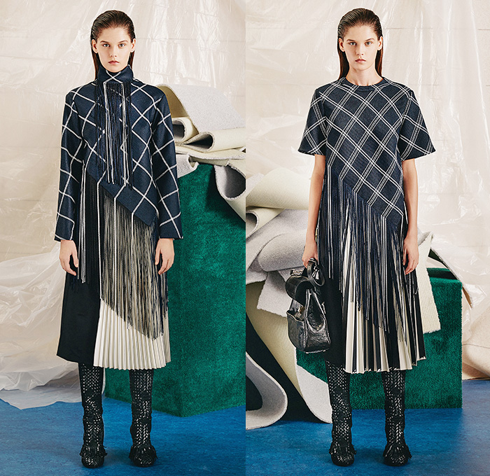 Proenza Schouler 2015 Pre Fall Autumn Womens Lookbook Presentation - Windowpane Checks Fringes Accordion Pleats Palazzo Pants Wool Puzzle Flowers Tiered Knit Boots Skirt Scarf Asymmetrical Hem Outerwear Jacket Sleeveless Wide Leg Trousers Sweater Jumper Sweaterdress Coatdress Long Coat Shirtdress Puzzle Pieces Geometric Flowers Florals Belted Waist Blouse Midi Skirt Curved Slit V-Neck Chunky Furry