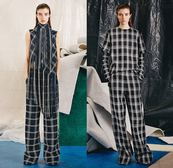 Proenza Schouler 2015 Pre Fall Autumn Womens Lookbook Presentation - Windowpane Checks Fringes Accordion Pleats Palazzo Pants Wool Puzzle Flowers Tiered Knit Boots Skirt Scarf Asymmetrical Hem Outerwear Jacket Sleeveless Wide Leg Trousers Sweater Jumper Sweaterdress Coatdress Long Coat Shirtdress Puzzle Pieces Geometric Flowers Florals Belted Waist Blouse Midi Skirt Curved Slit V-Neck Chunky Furry