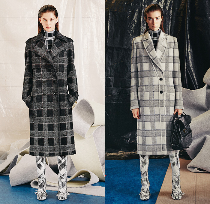 Proenza Schouler 2015 Pre Fall Autumn Womens Lookbook Presentation - Windowpane Checks Fringes Accordion Pleats Palazzo Pants Wool Puzzle Flowers Tiered Knit Boots Skirt Scarf Asymmetrical Hem Outerwear Jacket Sleeveless Wide Leg Trousers Sweater Jumper Sweaterdress Coatdress Long Coat Shirtdress Puzzle Pieces Geometric Flowers Florals Belted Waist Blouse Midi Skirt Curved Slit V-Neck Chunky Furry