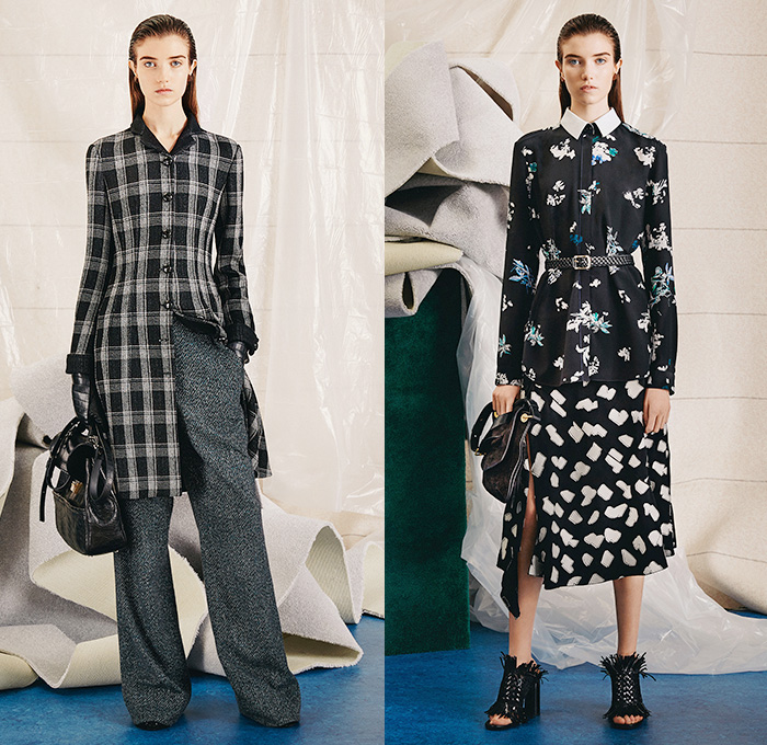 Proenza Schouler 2015 Pre Fall Autumn Womens Lookbook Presentation - Windowpane Checks Fringes Accordion Pleats Palazzo Pants Wool Puzzle Flowers Tiered Knit Boots Skirt Scarf Asymmetrical Hem Outerwear Jacket Sleeveless Wide Leg Trousers Sweater Jumper Sweaterdress Coatdress Long Coat Shirtdress Puzzle Pieces Geometric Flowers Florals Belted Waist Blouse Midi Skirt Curved Slit V-Neck Chunky Furry