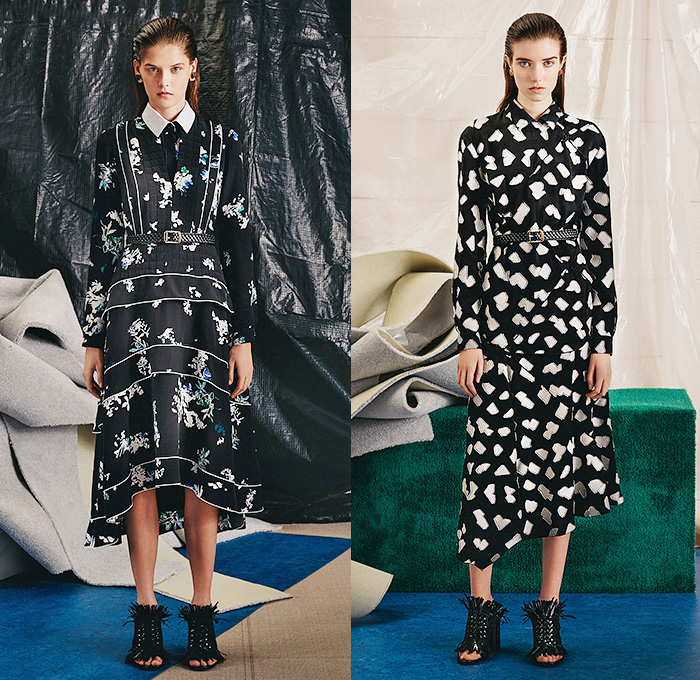 Proenza Schouler 2015 Pre Fall Autumn Womens Lookbook Presentation - Windowpane Checks Fringes Accordion Pleats Palazzo Pants Wool Puzzle Flowers Tiered Knit Boots Skirt Scarf Asymmetrical Hem Outerwear Jacket Sleeveless Wide Leg Trousers Sweater Jumper Sweaterdress Coatdress Long Coat Shirtdress Puzzle Pieces Geometric Flowers Florals Belted Waist Blouse Midi Skirt Curved Slit V-Neck Chunky Furry