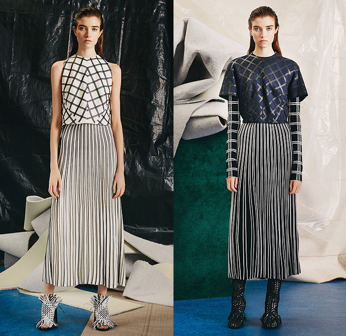 Proenza Schouler 2015 Pre Fall Autumn Womens Lookbook Presentation - Windowpane Checks Fringes Accordion Pleats Palazzo Pants Wool Puzzle Flowers Tiered Knit Boots Skirt Scarf Asymmetrical Hem Outerwear Jacket Sleeveless Wide Leg Trousers Sweater Jumper Sweaterdress Coatdress Long Coat Shirtdress Puzzle Pieces Geometric Flowers Florals Belted Waist Blouse Midi Skirt Curved Slit V-Neck Chunky Furry