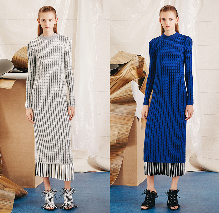 Proenza Schouler 2015 Pre Fall Autumn Womens Lookbook Presentation - Windowpane Checks Fringes Accordion Pleats Palazzo Pants Wool Puzzle Flowers Tiered Knit Boots Skirt Scarf Asymmetrical Hem Outerwear Jacket Sleeveless Wide Leg Trousers Sweater Jumper Sweaterdress Coatdress Long Coat Shirtdress Puzzle Pieces Geometric Flowers Florals Belted Waist Blouse Midi Skirt Curved Slit V-Neck Chunky Furry