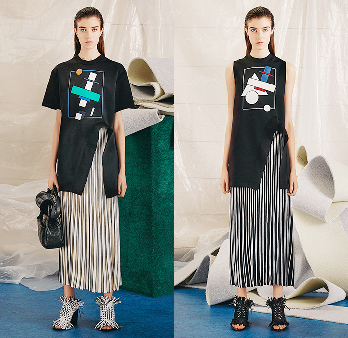 Proenza Schouler 2015 Pre Fall Autumn Womens Lookbook Presentation - Windowpane Checks Fringes Accordion Pleats Palazzo Pants Wool Puzzle Flowers Tiered Knit Boots Skirt Scarf Asymmetrical Hem Outerwear Jacket Sleeveless Wide Leg Trousers Sweater Jumper Sweaterdress Coatdress Long Coat Shirtdress Puzzle Pieces Geometric Flowers Florals Belted Waist Blouse Midi Skirt Curved Slit V-Neck Chunky Furry