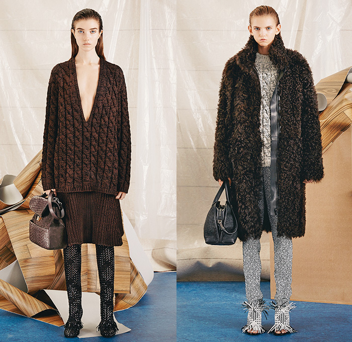 Proenza Schouler 2015 Pre Fall Autumn Womens Lookbook Presentation - Windowpane Checks Fringes Accordion Pleats Palazzo Pants Wool Puzzle Flowers Tiered Knit Boots Skirt Scarf Asymmetrical Hem Outerwear Jacket Sleeveless Wide Leg Trousers Sweater Jumper Sweaterdress Coatdress Long Coat Shirtdress Puzzle Pieces Geometric Flowers Florals Belted Waist Blouse Midi Skirt Curved Slit V-Neck Chunky Furry