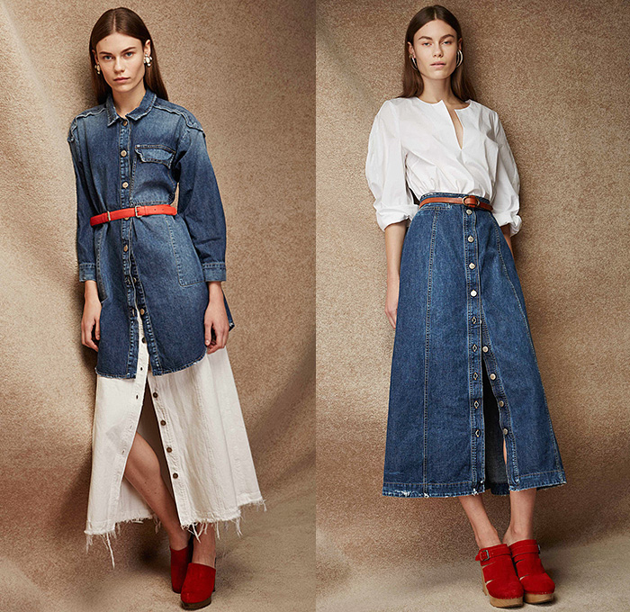 Rachel Comey 2015 Pre Fall Autumn Womens Lookbook Presentation - Denim Jeans Frayed Quilted Culottes Coat Kimono Jumpsuit Knit Mesh Pinstripes Waistcoat Fringes Shirt Long Sleeve Belted Waist Midi Skirt Frock Blouse Wide Leg Gauchos Outerwear Jacket Wrap Onesie Jumpsuit Coveralls Dungarees Sweater Jumper Sleeveless Abstract Jogger Sweatpants Handbag Cropped Pants Raw Hem Flowers Florals Clogs Pleats Dress Gown