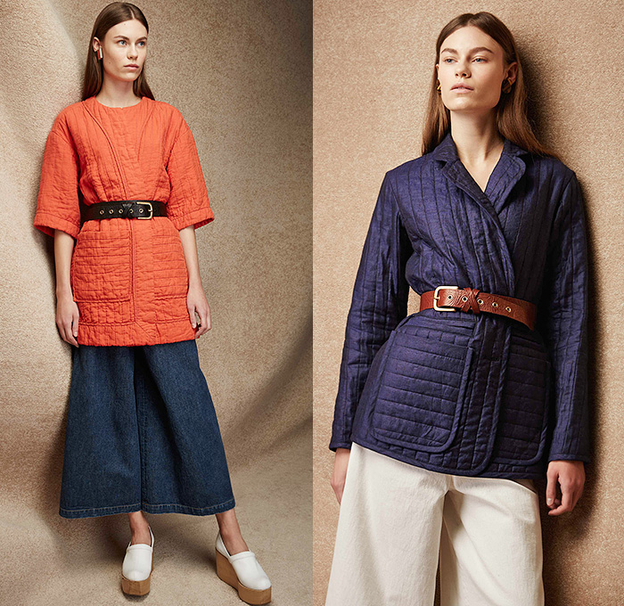 Rachel Comey 2015 Pre Fall Autumn Womens Lookbook Presentation - Denim Jeans Frayed Quilted Culottes Coat Kimono Jumpsuit Knit Mesh Pinstripes Waistcoat Fringes Shirt Long Sleeve Belted Waist Midi Skirt Frock Blouse Wide Leg Gauchos Outerwear Jacket Wrap Onesie Jumpsuit Coveralls Dungarees Sweater Jumper Sleeveless Abstract Jogger Sweatpants Handbag Cropped Pants Raw Hem Flowers Florals Clogs Pleats Dress Gown