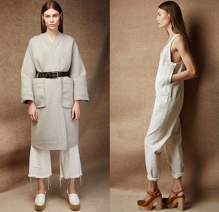 Rachel Comey 2015 Pre Fall Autumn Womens Lookbook Presentation - Denim Jeans Frayed Quilted Culottes Coat Kimono Jumpsuit Knit Mesh Pinstripes Waistcoat Fringes Shirt Long Sleeve Belted Waist Midi Skirt Frock Blouse Wide Leg Gauchos Outerwear Jacket Wrap Onesie Jumpsuit Coveralls Dungarees Sweater Jumper Sleeveless Abstract Jogger Sweatpants Handbag Cropped Pants Raw Hem Flowers Florals Clogs Pleats Dress Gown