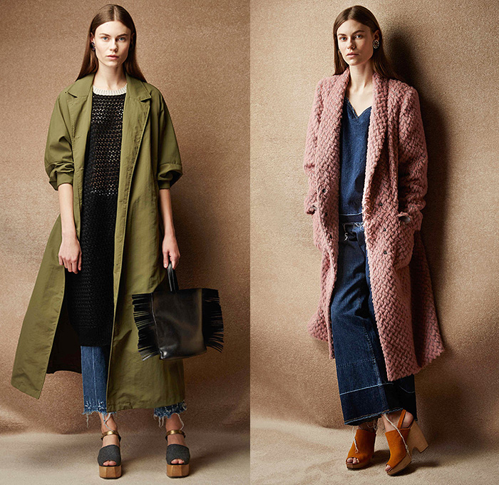 Rachel Comey 2015 Pre Fall Autumn Womens Lookbook Presentation - Denim Jeans Frayed Quilted Culottes Coat Kimono Jumpsuit Knit Mesh Pinstripes Waistcoat Fringes Shirt Long Sleeve Belted Waist Midi Skirt Frock Blouse Wide Leg Gauchos Outerwear Jacket Wrap Onesie Jumpsuit Coveralls Dungarees Sweater Jumper Sleeveless Abstract Jogger Sweatpants Handbag Cropped Pants Raw Hem Flowers Florals Clogs Pleats Dress Gown