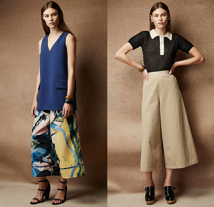 Rachel Comey 2015 Pre Fall Autumn Womens Lookbook Presentation - Denim Jeans Frayed Quilted Culottes Coat Kimono Jumpsuit Knit Mesh Pinstripes Waistcoat Fringes Shirt Long Sleeve Belted Waist Midi Skirt Frock Blouse Wide Leg Gauchos Outerwear Jacket Wrap Onesie Jumpsuit Coveralls Dungarees Sweater Jumper Sleeveless Abstract Jogger Sweatpants Handbag Cropped Pants Raw Hem Flowers Florals Clogs Pleats Dress Gown