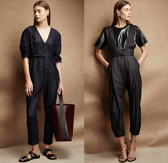 Rachel Comey 2015 Pre Fall Autumn Womens Lookbook Presentation - Denim Jeans Frayed Quilted Culottes Coat Kimono Jumpsuit Knit Mesh Pinstripes Waistcoat Fringes Shirt Long Sleeve Belted Waist Midi Skirt Frock Blouse Wide Leg Gauchos Outerwear Jacket Wrap Onesie Jumpsuit Coveralls Dungarees Sweater Jumper Sleeveless Abstract Jogger Sweatpants Handbag Cropped Pants Raw Hem Flowers Florals Clogs Pleats Dress Gown