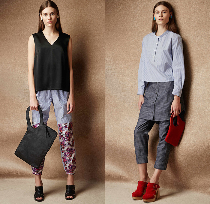 Rachel Comey 2015 Pre Fall Autumn Womens Lookbook Presentation - Denim Jeans Frayed Quilted Culottes Coat Kimono Jumpsuit Knit Mesh Pinstripes Waistcoat Fringes Shirt Long Sleeve Belted Waist Midi Skirt Frock Blouse Wide Leg Gauchos Outerwear Jacket Wrap Onesie Jumpsuit Coveralls Dungarees Sweater Jumper Sleeveless Abstract Jogger Sweatpants Handbag Cropped Pants Raw Hem Flowers Florals Clogs Pleats Dress Gown