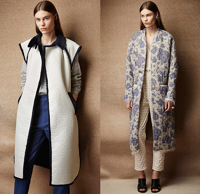 Rachel Comey 2015 Pre Fall Autumn Womens Lookbook Presentation - Denim Jeans Frayed Quilted Culottes Coat Kimono Jumpsuit Knit Mesh Pinstripes Waistcoat Fringes Shirt Long Sleeve Belted Waist Midi Skirt Frock Blouse Wide Leg Gauchos Outerwear Jacket Wrap Onesie Jumpsuit Coveralls Dungarees Sweater Jumper Sleeveless Abstract Jogger Sweatpants Handbag Cropped Pants Raw Hem Flowers Florals Clogs Pleats Dress Gown