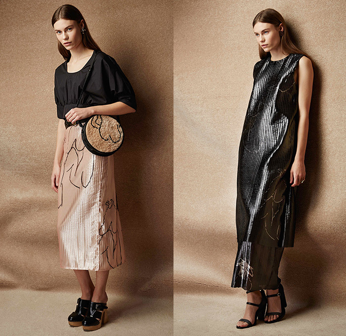 Rachel Comey 2015 Pre Fall Autumn Womens Lookbook Presentation - Denim Jeans Frayed Quilted Culottes Coat Kimono Jumpsuit Knit Mesh Pinstripes Waistcoat Fringes Shirt Long Sleeve Belted Waist Midi Skirt Frock Blouse Wide Leg Gauchos Outerwear Jacket Wrap Onesie Jumpsuit Coveralls Dungarees Sweater Jumper Sleeveless Abstract Jogger Sweatpants Handbag Cropped Pants Raw Hem Flowers Florals Clogs Pleats Dress Gown