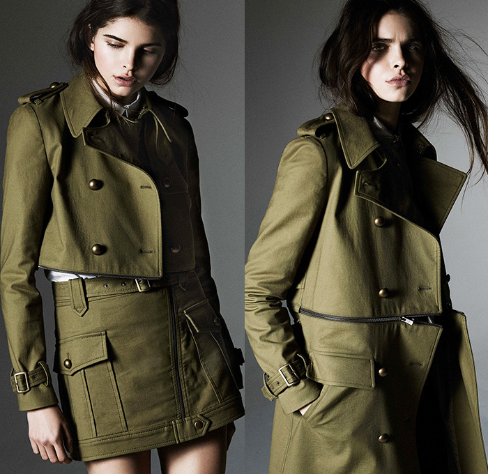 Rebecca Minkoff 2015 Pre Fall Autumn Womens Lookbook Presentation - Military Army Green Khaki Metallic Studs Shorts Miniskirt Cross Stitch Leather Lace Up Trench Coat Convertible Zipper Outerwear 3D Embellishments Adornments Cargo Flap Pockets Trucker Jacket Blouse Long Sleeve Crossbody Bag Sailor Skirt Sweater Jumper Oversized Crop Top Midriff Belts Straps