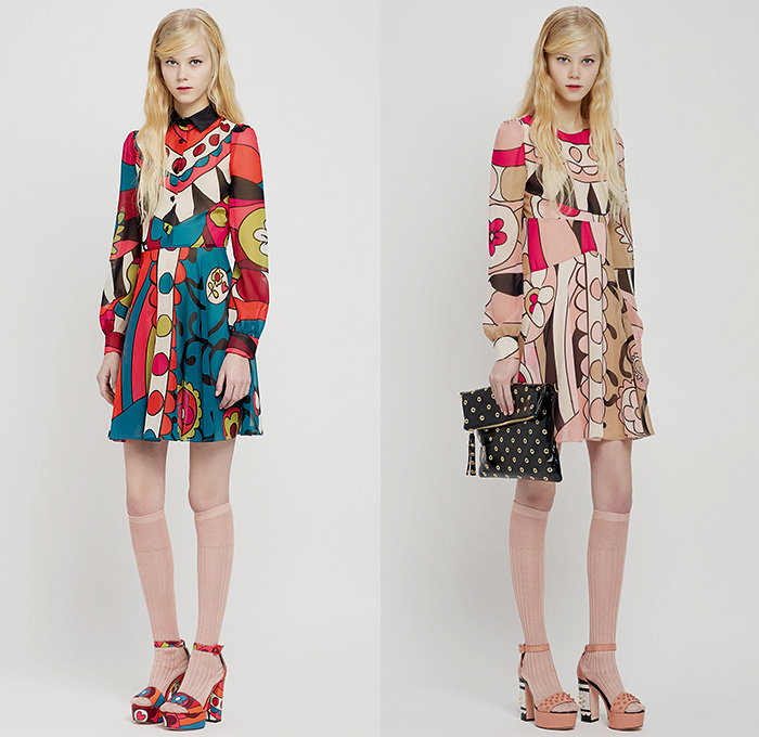 Red Valentino 2015 Pre Fall Autumn Womens Lookbook Presentation - Pop Art Flowers 1960s Peter Pan Collar Dress 3D Embroidery Knit Stripes Ruffles Furry Rainwear 1970s Seventies Hippie Boho Bohemian Sixties Florals Botanical Print Graphic Pattern Blouse Shirtdress Sheer Chiffon Tulle Embellished Collar Silk Heart Circus Tent Hem Ribbon Flap Cargo Pockets Vestdress Moto Biker Rider Leather Studs Plastic Dots