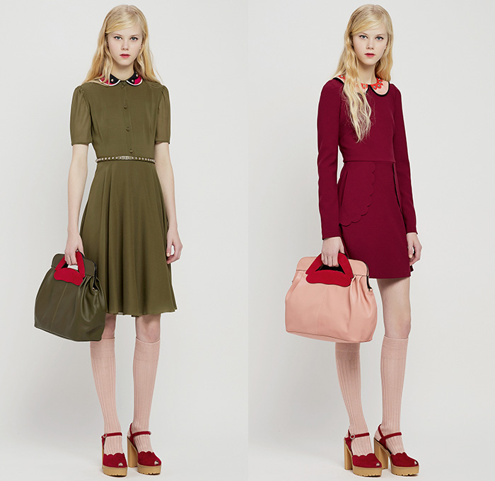 Red Valentino 2015 Pre Fall Autumn Womens Lookbook Presentation - Pop Art Flowers 1960s Peter Pan Collar Dress 3D Embroidery Knit Stripes Ruffles Furry Rainwear 1970s Seventies Hippie Boho Bohemian Sixties Florals Botanical Print Graphic Pattern Blouse Shirtdress Sheer Chiffon Tulle Embellished Collar Silk Heart Circus Tent Hem Ribbon Flap Cargo Pockets Vestdress Moto Biker Rider Leather Studs Plastic Dots