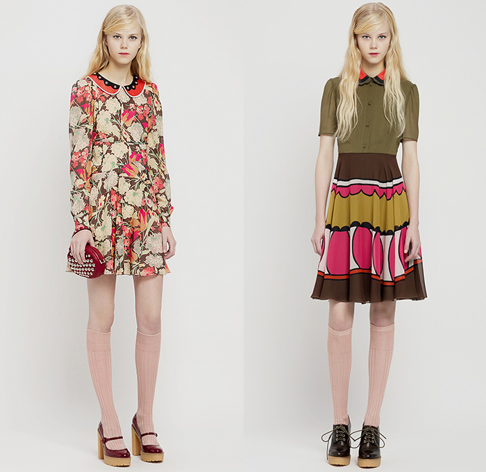 Red Valentino 2015 Pre Fall Autumn Womens Lookbook Presentation - Pop Art Flowers 1960s Peter Pan Collar Dress 3D Embroidery Knit Stripes Ruffles Furry Rainwear 1970s Seventies Hippie Boho Bohemian Sixties Florals Botanical Print Graphic Pattern Blouse Shirtdress Sheer Chiffon Tulle Embellished Collar Silk Heart Circus Tent Hem Ribbon Flap Cargo Pockets Vestdress Moto Biker Rider Leather Studs Plastic Dots