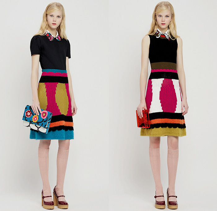 Red Valentino 2015 Pre Fall Autumn Womens Lookbook Presentation - Pop Art Flowers 1960s Peter Pan Collar Dress 3D Embroidery Knit Stripes Ruffles Furry Rainwear 1970s Seventies Hippie Boho Bohemian Sixties Florals Botanical Print Graphic Pattern Blouse Shirtdress Sheer Chiffon Tulle Embellished Collar Silk Heart Circus Tent Hem Ribbon Flap Cargo Pockets Vestdress Moto Biker Rider Leather Studs Plastic Dots