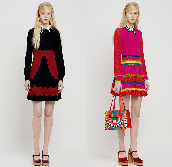 Red Valentino 2015 Pre Fall Autumn Womens Lookbook Presentation - Pop Art Flowers 1960s Peter Pan Collar Dress 3D Embroidery Knit Stripes Ruffles Furry Rainwear 1970s Seventies Hippie Boho Bohemian Sixties Florals Botanical Print Graphic Pattern Blouse Shirtdress Sheer Chiffon Tulle Embellished Collar Silk Heart Circus Tent Hem Ribbon Flap Cargo Pockets Vestdress Moto Biker Rider Leather Studs Plastic Dots