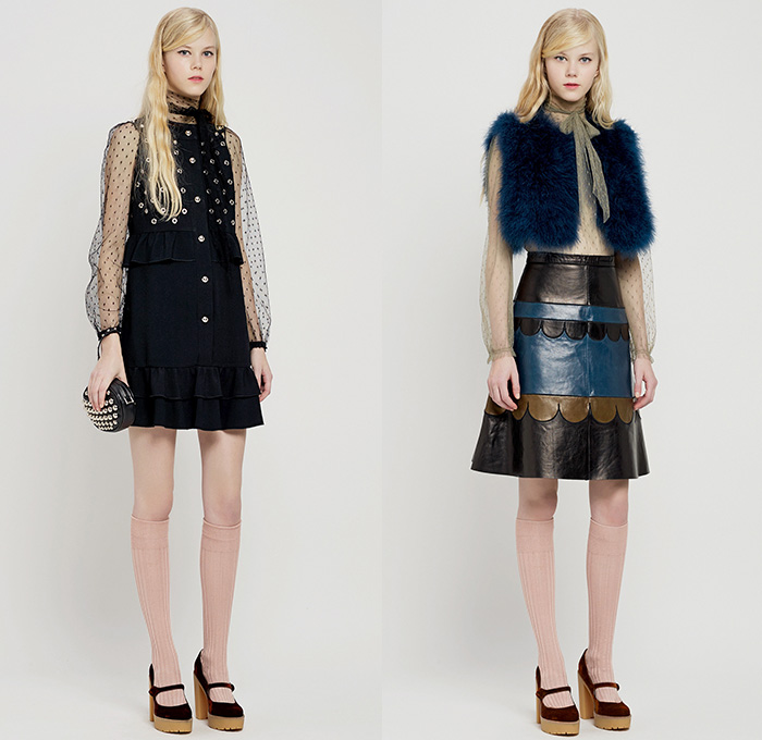 Red Valentino 2015 Pre Fall Autumn Womens Lookbook Presentation - Pop Art Flowers 1960s Peter Pan Collar Dress 3D Embroidery Knit Stripes Ruffles Furry Rainwear 1970s Seventies Hippie Boho Bohemian Sixties Florals Botanical Print Graphic Pattern Blouse Shirtdress Sheer Chiffon Tulle Embellished Collar Silk Heart Circus Tent Hem Ribbon Flap Cargo Pockets Vestdress Moto Biker Rider Leather Studs Plastic Dots