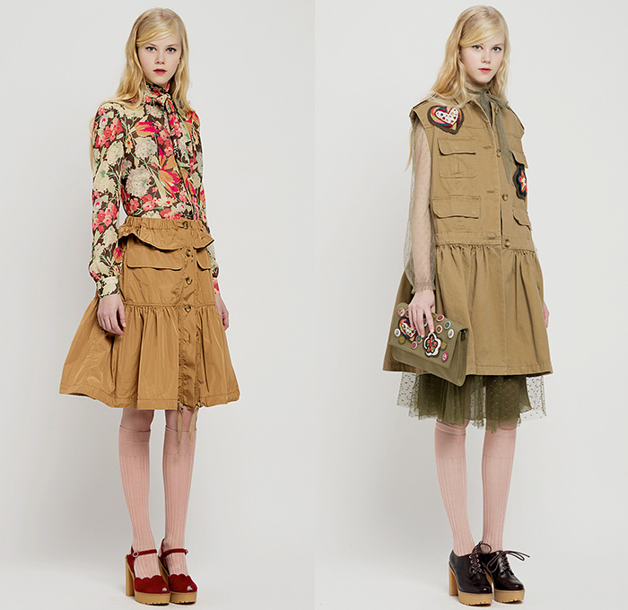 Red Valentino 2015 Pre Fall Autumn Womens Lookbook Presentation - Pop Art Flowers 1960s Peter Pan Collar Dress 3D Embroidery Knit Stripes Ruffles Furry Rainwear 1970s Seventies Hippie Boho Bohemian Sixties Florals Botanical Print Graphic Pattern Blouse Shirtdress Sheer Chiffon Tulle Embellished Collar Silk Heart Circus Tent Hem Ribbon Flap Cargo Pockets Vestdress Moto Biker Rider Leather Studs Plastic Dots