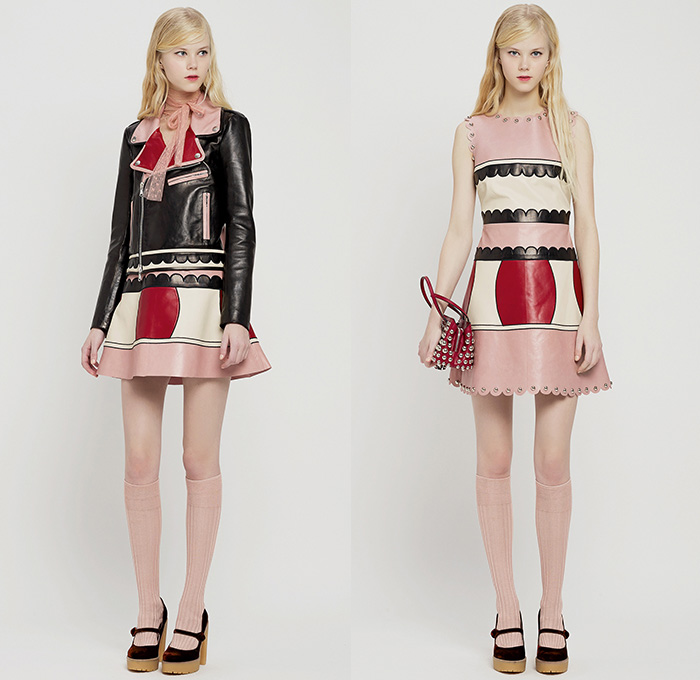 Red Valentino 2015 Pre Fall Autumn Womens Lookbook Presentation - Pop Art Flowers 1960s Peter Pan Collar Dress 3D Embroidery Knit Stripes Ruffles Furry Rainwear 1970s Seventies Hippie Boho Bohemian Sixties Florals Botanical Print Graphic Pattern Blouse Shirtdress Sheer Chiffon Tulle Embellished Collar Silk Heart Circus Tent Hem Ribbon Flap Cargo Pockets Vestdress Moto Biker Rider Leather Studs Plastic Dots