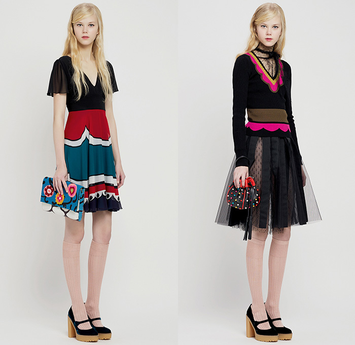 Red Valentino 2015 Pre Fall Autumn Womens Lookbook Presentation - Pop Art Flowers 1960s Peter Pan Collar Dress 3D Embroidery Knit Stripes Ruffles Furry Rainwear 1970s Seventies Hippie Boho Bohemian Sixties Florals Botanical Print Graphic Pattern Blouse Shirtdress Sheer Chiffon Tulle Embellished Collar Silk Heart Circus Tent Hem Ribbon Flap Cargo Pockets Vestdress Moto Biker Rider Leather Studs Plastic Dots