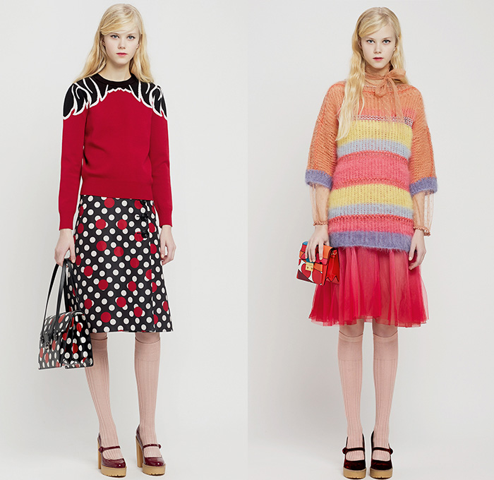 Red Valentino 2015 Pre Fall Autumn Womens Lookbook Presentation - Pop Art Flowers 1960s Peter Pan Collar Dress 3D Embroidery Knit Stripes Ruffles Furry Rainwear 1970s Seventies Hippie Boho Bohemian Sixties Florals Botanical Print Graphic Pattern Blouse Shirtdress Sheer Chiffon Tulle Embellished Collar Silk Heart Circus Tent Hem Ribbon Flap Cargo Pockets Vestdress Moto Biker Rider Leather Studs Plastic Dots