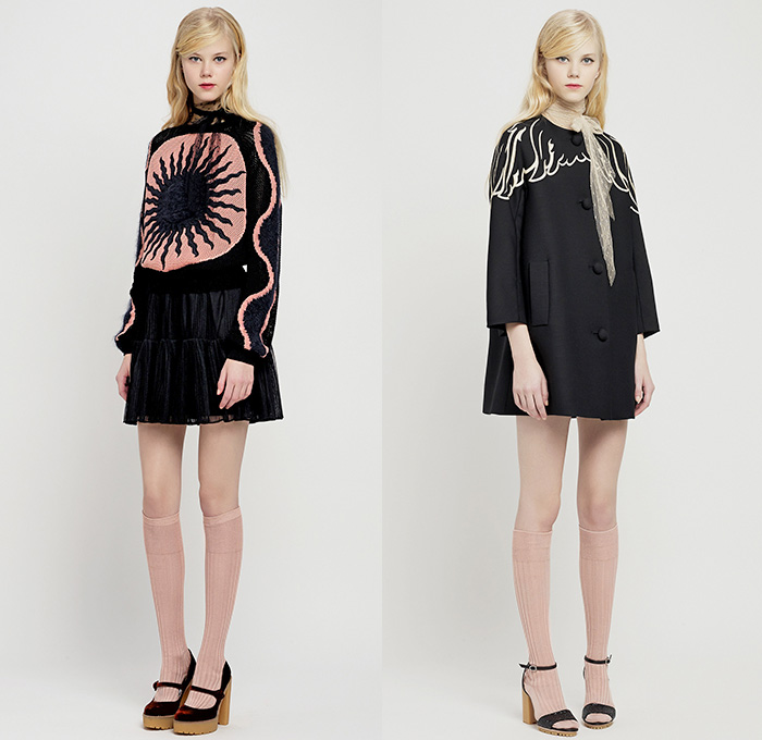 Red Valentino 2015 Pre Fall Autumn Womens Lookbook Presentation - Pop Art Flowers 1960s Peter Pan Collar Dress 3D Embroidery Knit Stripes Ruffles Furry Rainwear 1970s Seventies Hippie Boho Bohemian Sixties Florals Botanical Print Graphic Pattern Blouse Shirtdress Sheer Chiffon Tulle Embellished Collar Silk Heart Circus Tent Hem Ribbon Flap Cargo Pockets Vestdress Moto Biker Rider Leather Studs Plastic Dots